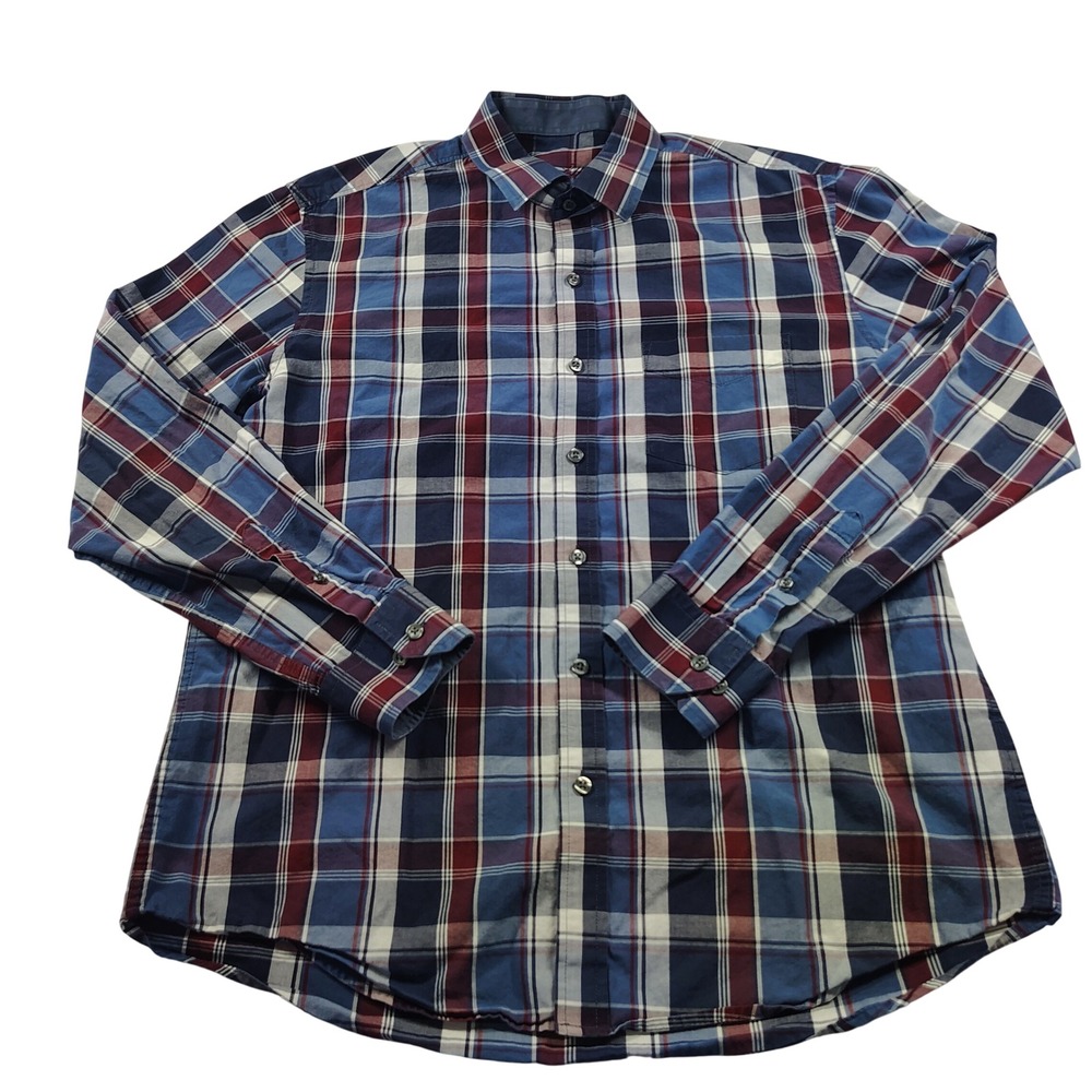 Tasso Elba Plaid Long Sleeve Button Up Shirt Men's Medium Blue‎ Red Cotton